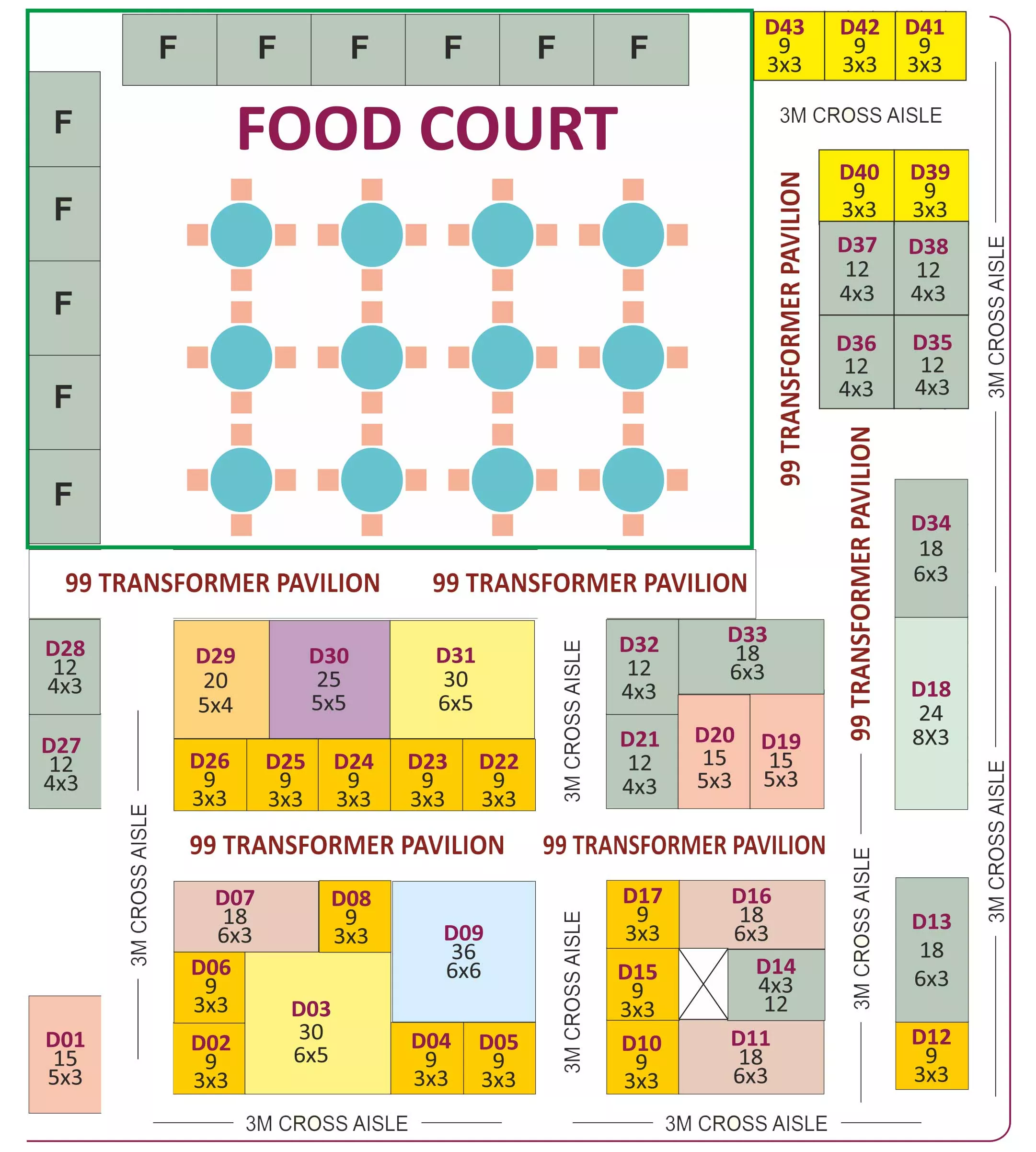 99 Transformer Pavilion stand layout with stall numbers, dimensions and cross aisles