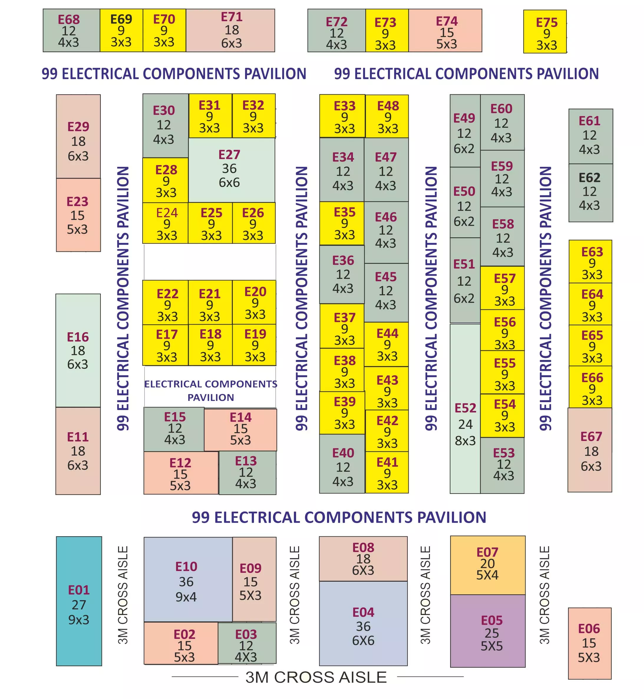 99 Electrical Components Pavilion stand layout with stall numbers, dimensions and cross aisles