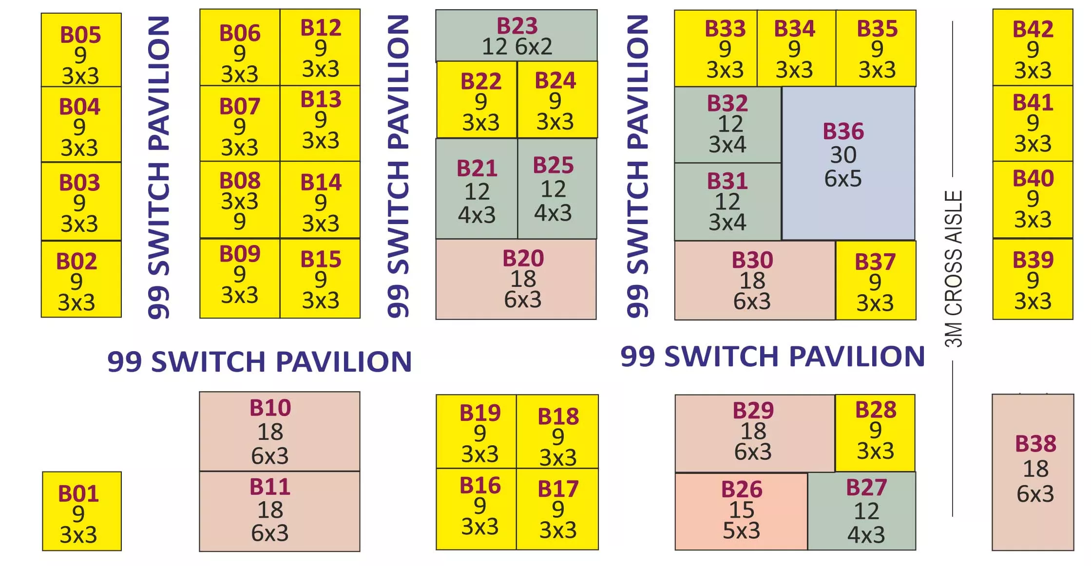 99 Switch Pavilion stand layout with stall numbers, dimensions and cross aisles