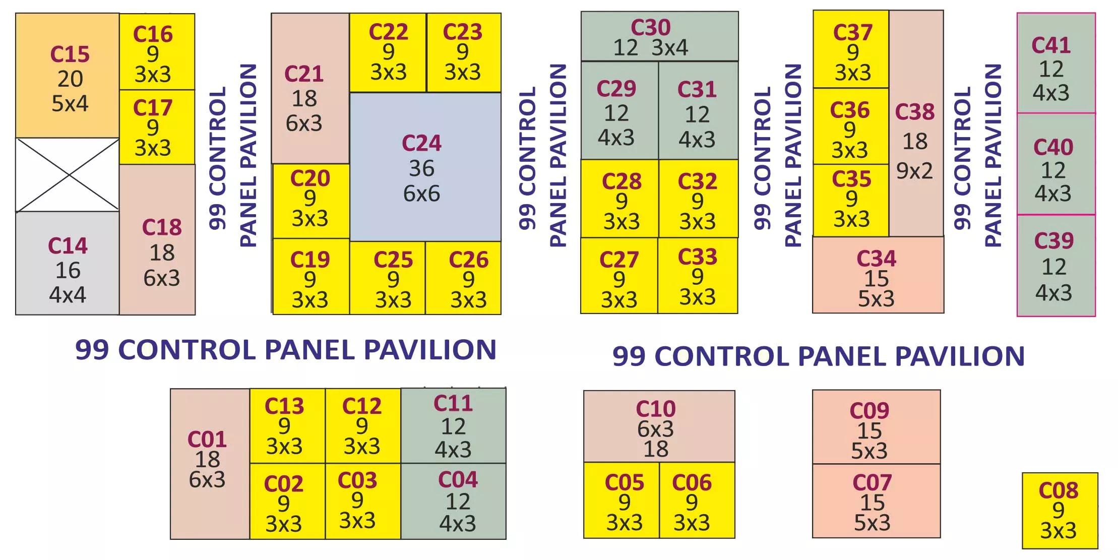 99 Control Panel Pavilion stand layout with stall numbers, dimensions and cross aisles