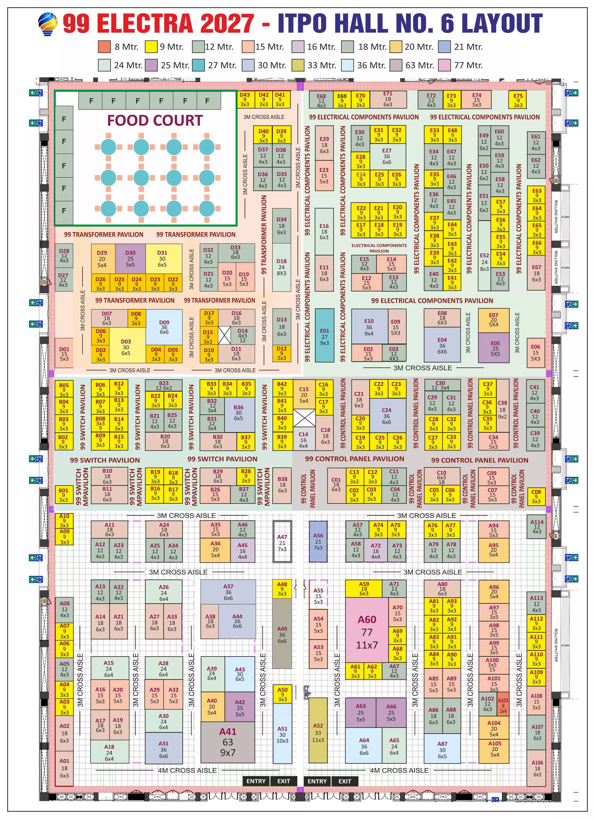 99ELECTRA exhibition floor plan showing numbered stands, stand dimensions, transformer, electrical components, switch and control panel pavilions, food court, aisles, entry and exit.