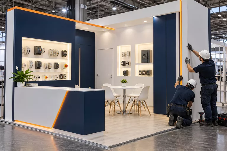 Concept illustration of a custom exhibition stand with product displays and a meeting area