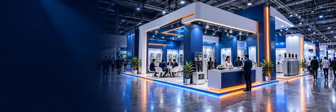 Illustration of a contemporary exhibition booth with display walls, lighting and a reception counter
