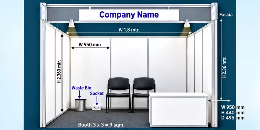 Standard shell scheme booth specification: 3 × 3 = 9 sqm.; fascia width 1.8 Mtr.; panel width 950 mm; height 2.360 Mtr.; counter width 950 mm, height 440 mm, depth 495 mm; two chairs, socket and waste bin.