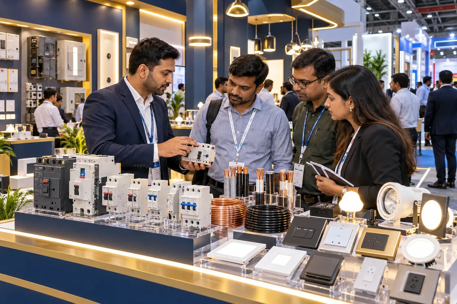 Illustrative electrical trade visitors comparing products and discussing specifications with a supplier