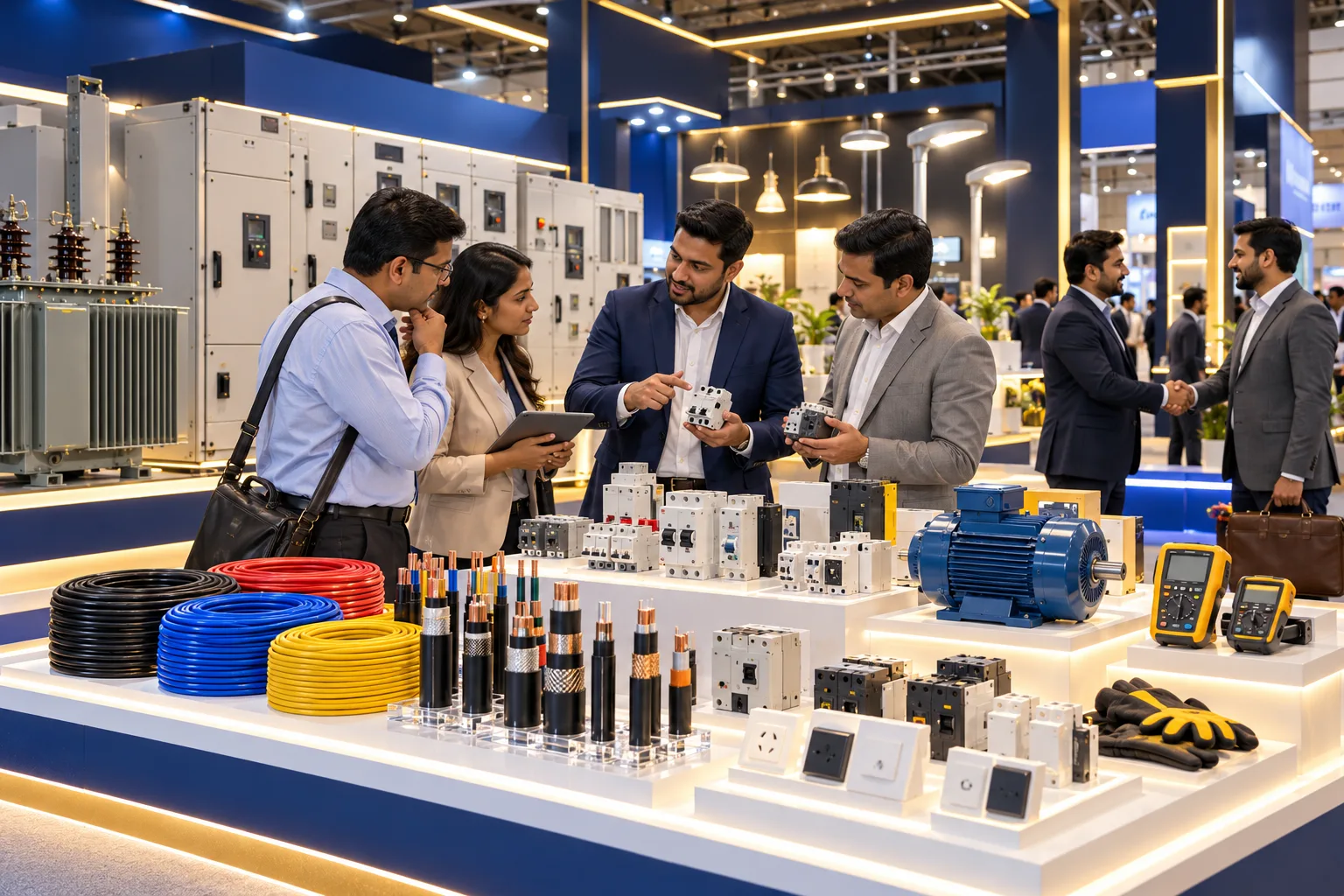 Illustrative electrical industry professionals exchanging product information and developing business connections